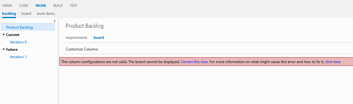 Screenshot of the Error invalid column configuation